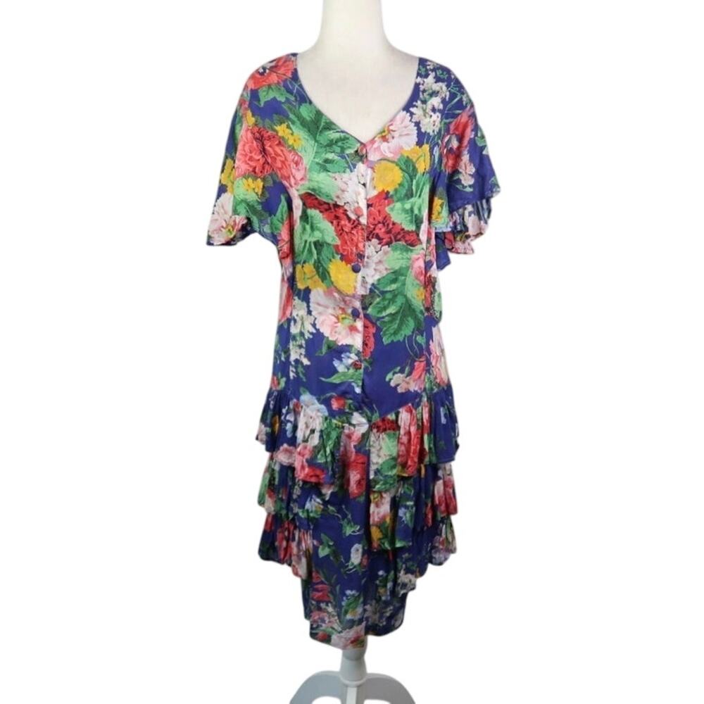 Vintage 80s Bila Blue Multi Floral Drop Waist Midi Frilly Dress M